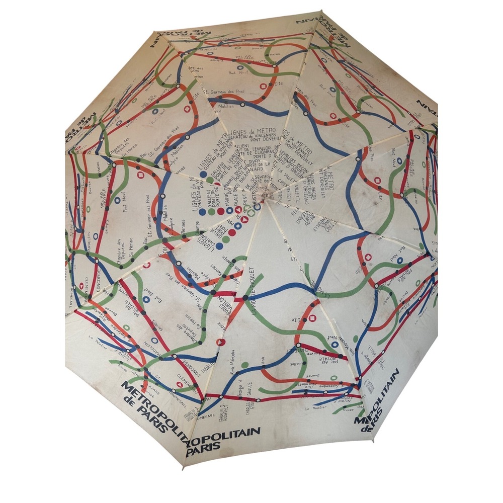 Vintage Metropolitain de Paris Metro Map Umbrella Paris Subway Print Cream - Picture 2 of 12